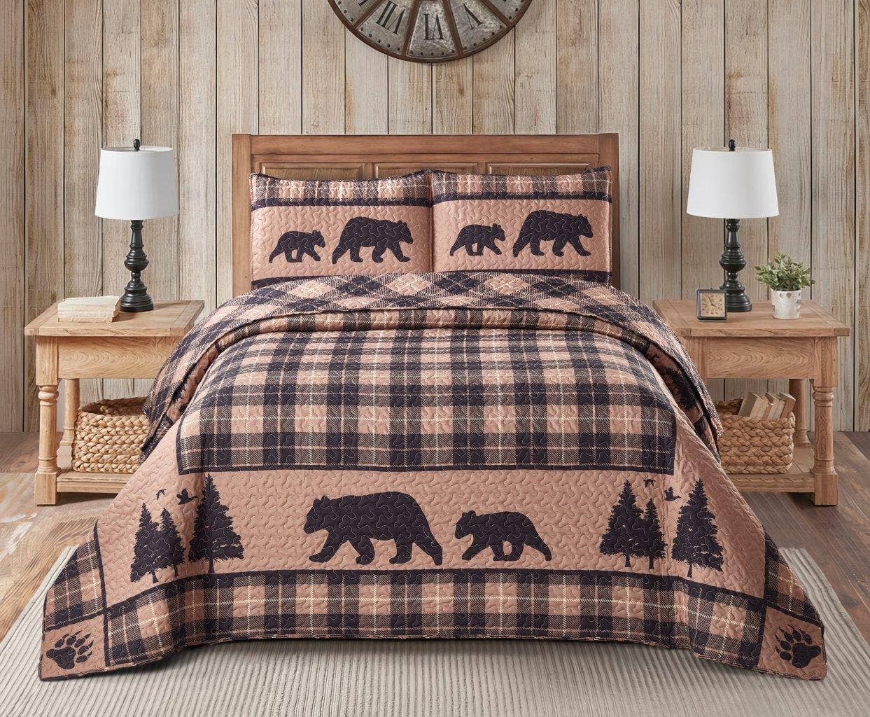 "Cabin Life - Brown" 3-Piece Designer Microfiber Quilt Set: King