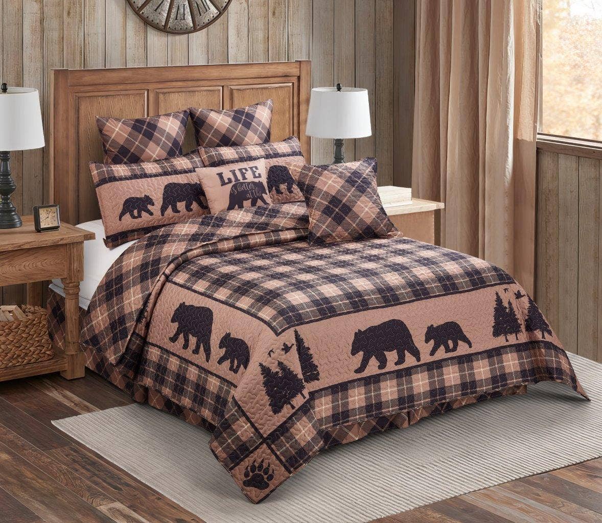 "Cabin Life - Brown" 3-Piece Designer Microfiber Quilt Set: Queen
